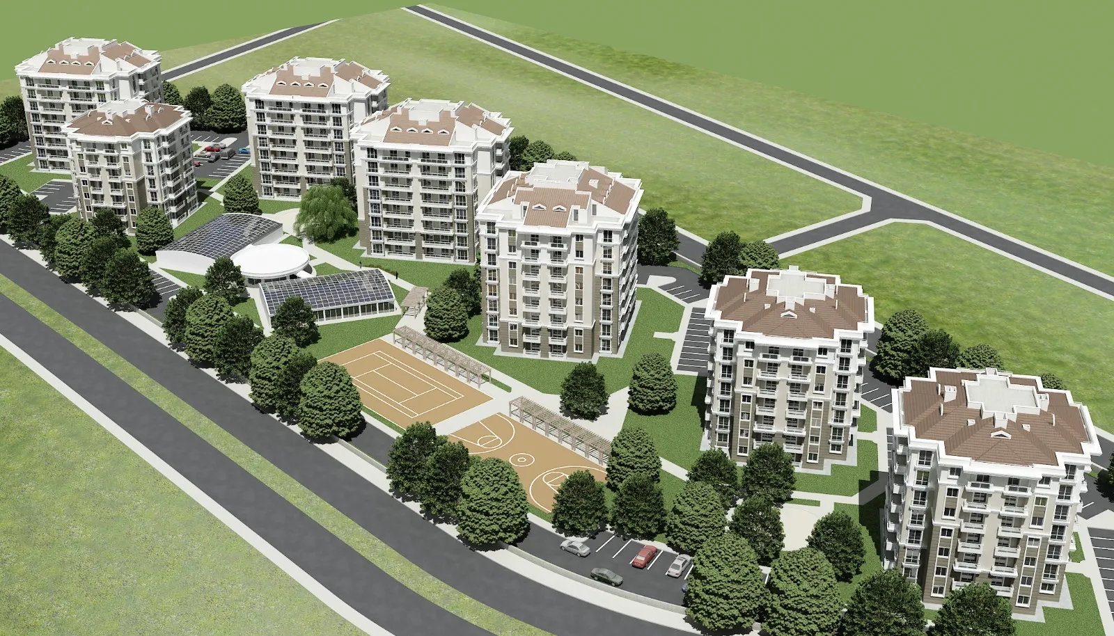 Aksium Konutları kuşbakışı yerleşim ve sosyal alanları