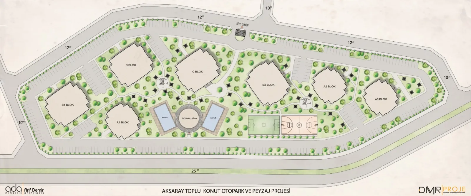 Aksium Konutları vaziyet planı, otopark ve peyzaj düzeni